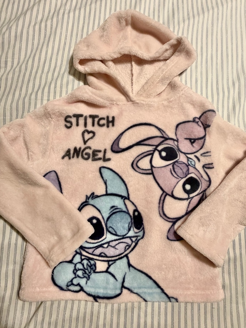 Disney Girl’s Pink Plush Stitch & Angel Hoodie, Size S (Age 7-8)